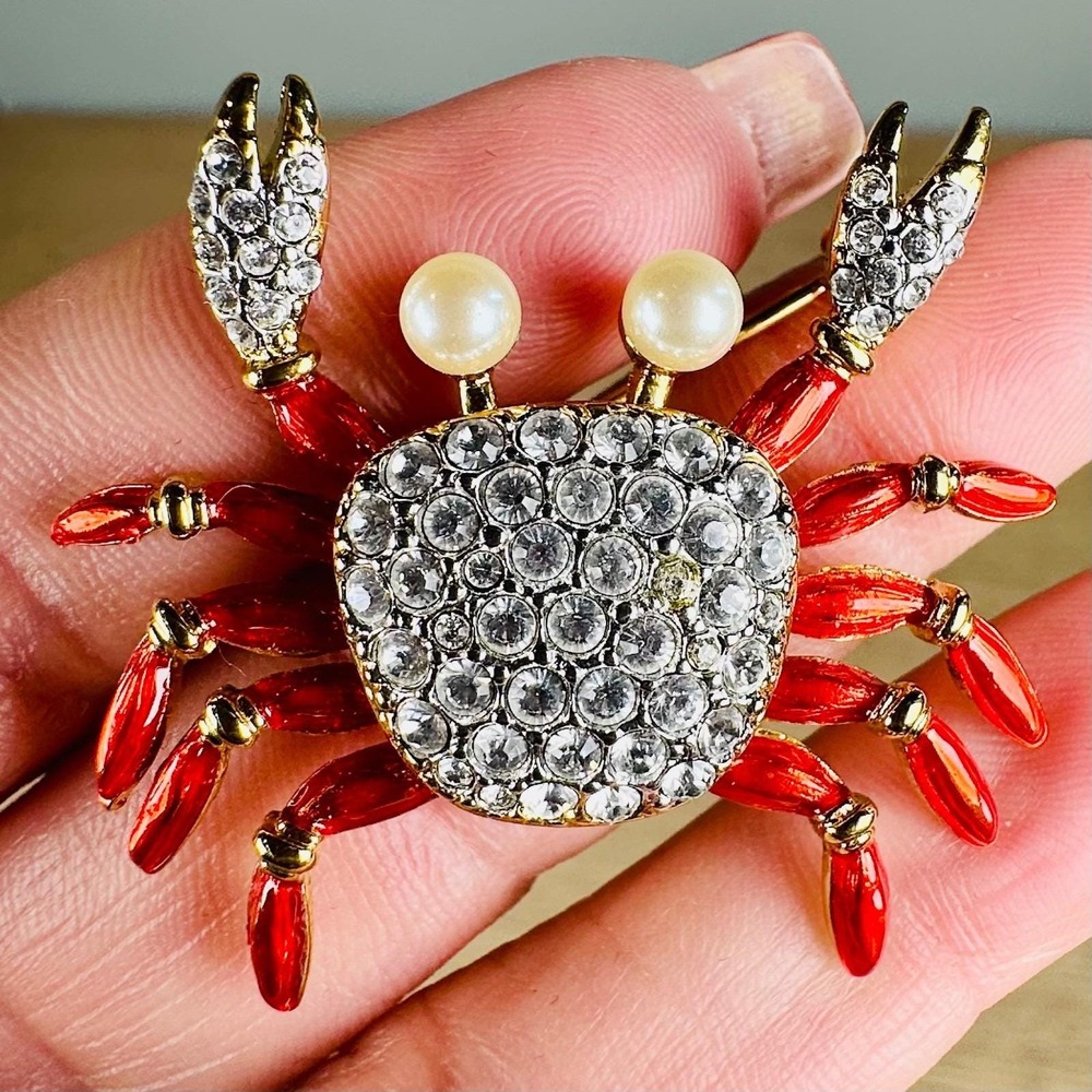 Vintage Swarovski Red Enamel Crab Brooch Crystal Pearl Signed Swan Retired